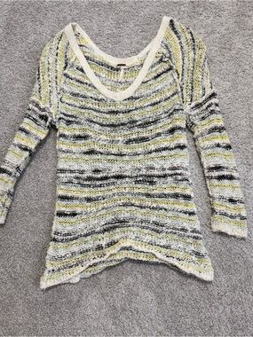 Free People Striped Scoop-Neck Knit Sweater in Cream, Yellow, and Gray